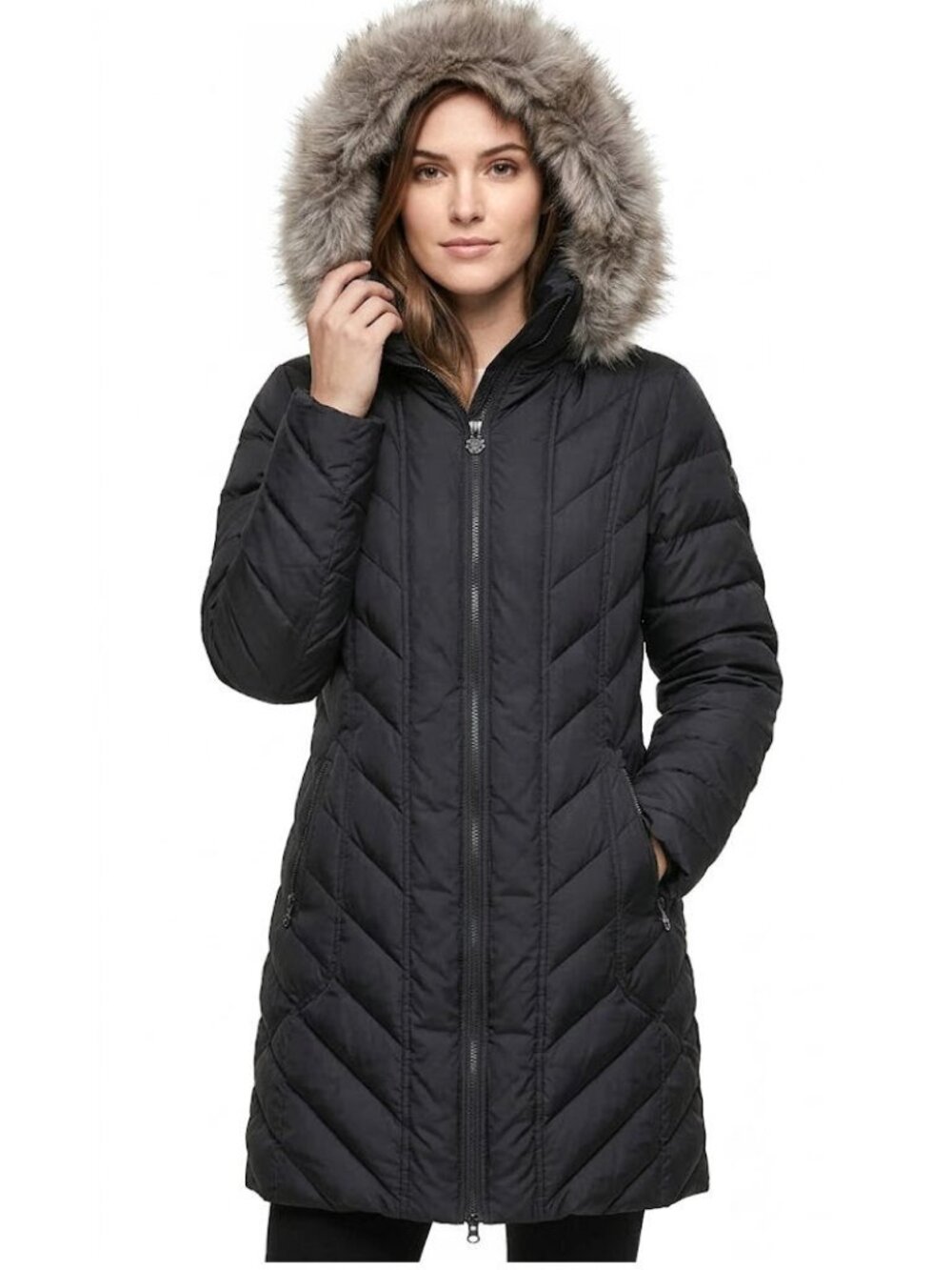 Anne Klein Hooded Down-Filled Puffer Coat Jacket, Black, Womens Size Large